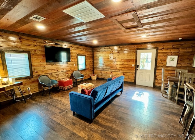 living room with dark hardwood / wood-style floors and wooden ceiling