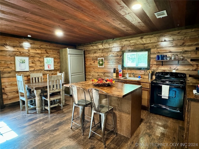 kitchen with wooden ceiling, wooden walls, black electric range, dark wood-type flooring, and butcher block countertops