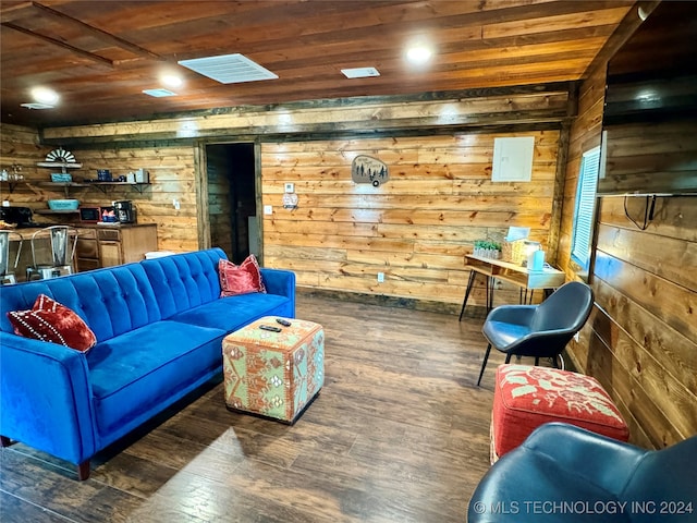 living room with wooden ceiling, wooden walls, and dark wood-type flooring