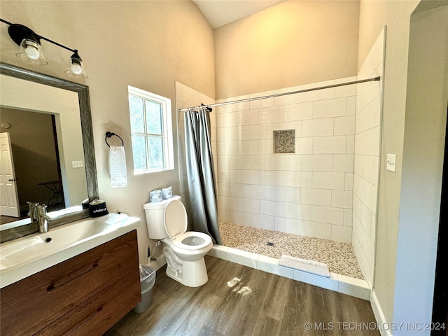 bathroom with hardwood / wood-style flooring, toilet, vanity, and a shower with shower curtain