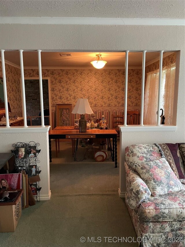 interior space with a textured ceiling and carpet floors