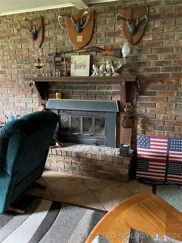 living room with brick wall