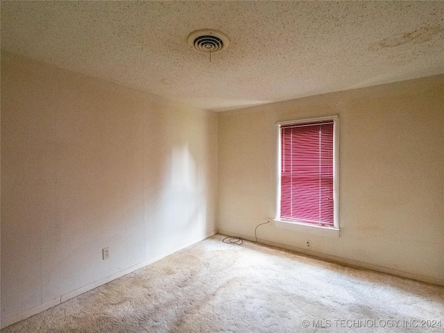 spare room with a textured ceiling and light carpet