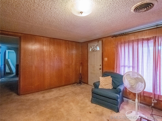 living area with wood walls, a textured ceiling, and carpet