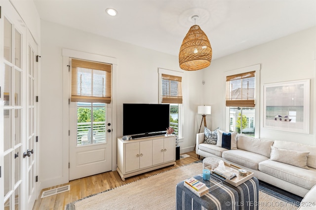 living room with light hardwood / wood-style flooring