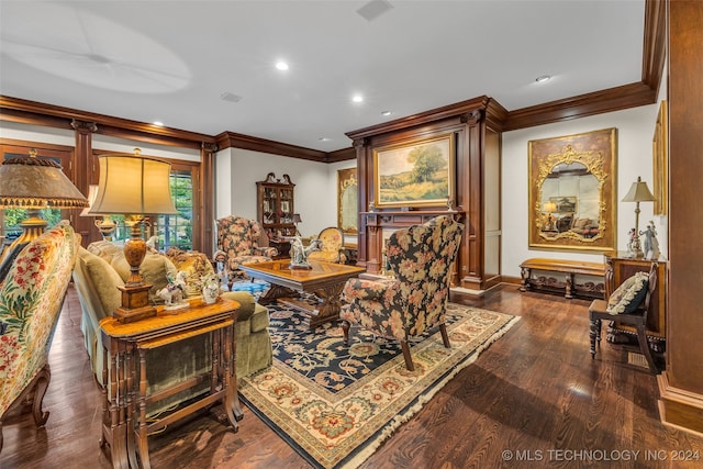 dining space with crown molding and dark hardwood / wood-style floors