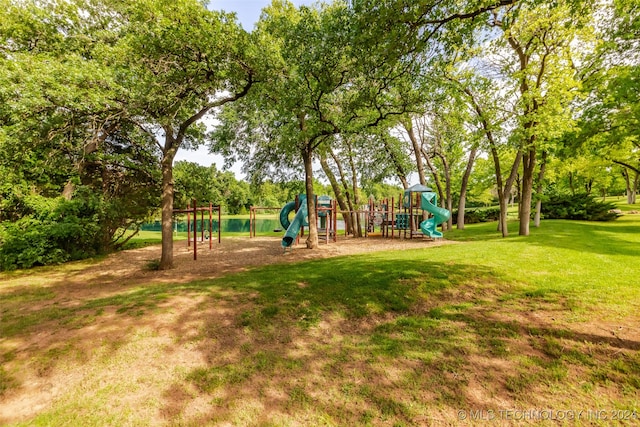 view of play area featuring a lawn