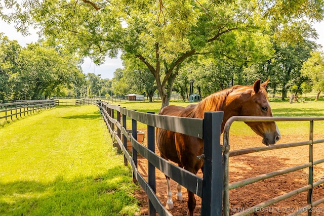 view of stable with a rural view