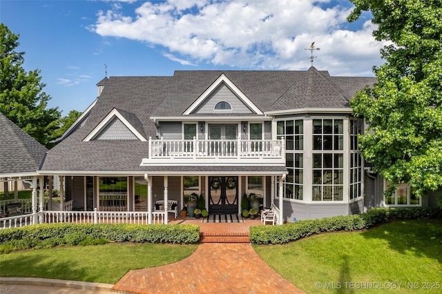 view of front of house with a front yard, covered porch, roof with shingles, and a balcony