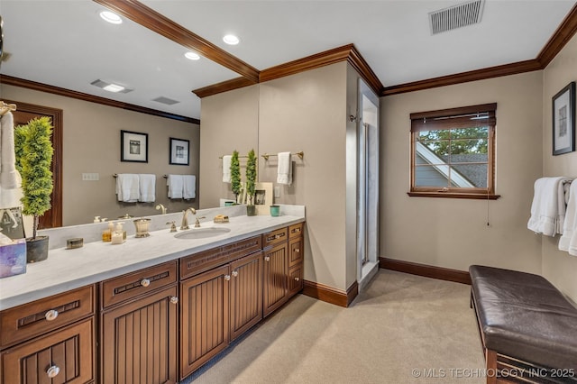 full bathroom with baseboards, visible vents, crown molding, and vanity