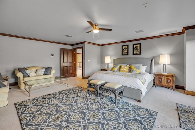 bedroom with carpet floors, baseboards, visible vents, and a ceiling fan