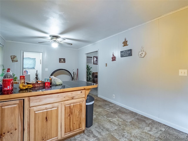 kitchen featuring crown molding, tile counters, and ceiling fan