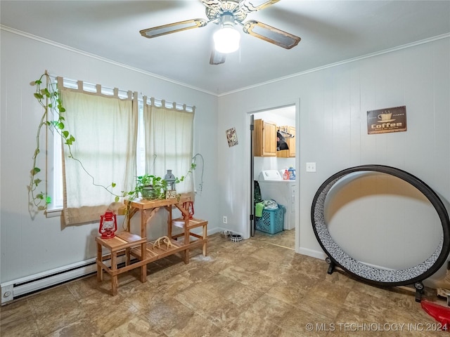 sitting room featuring crown molding, washer / dryer, and ceiling fan