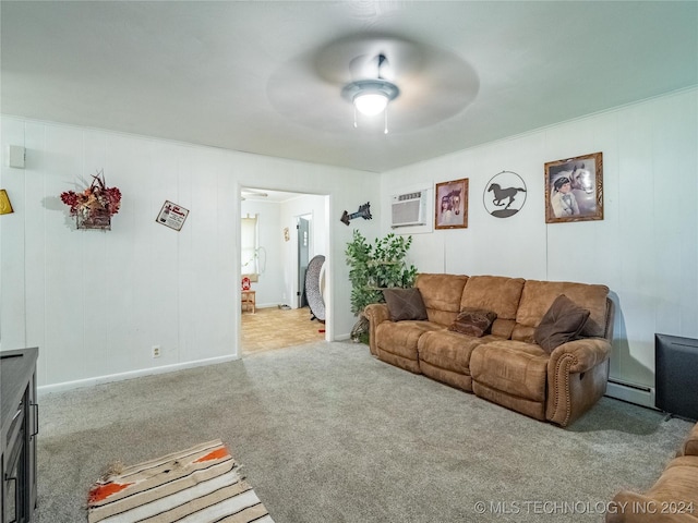 carpeted living room featuring ceiling fan, a baseboard heating unit, and a wall unit AC