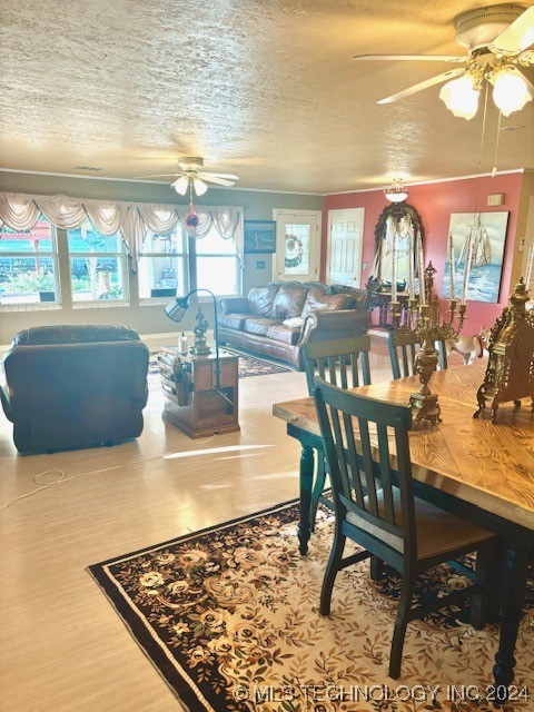 dining space featuring a textured ceiling, hardwood / wood-style floors, and ceiling fan