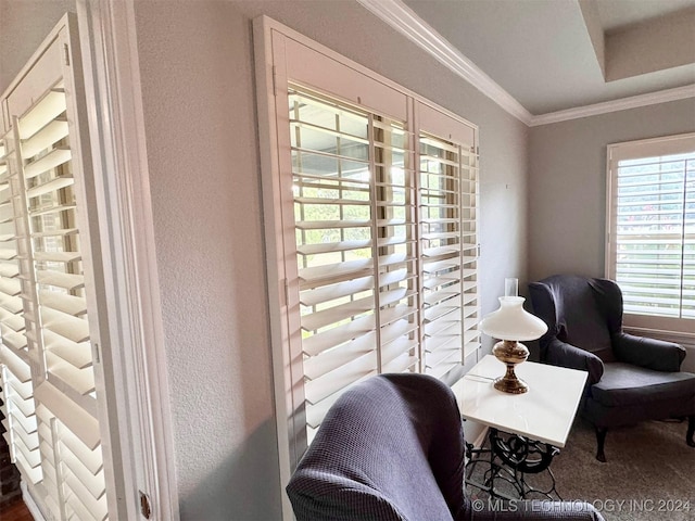 living area with ornamental molding and a textured wall