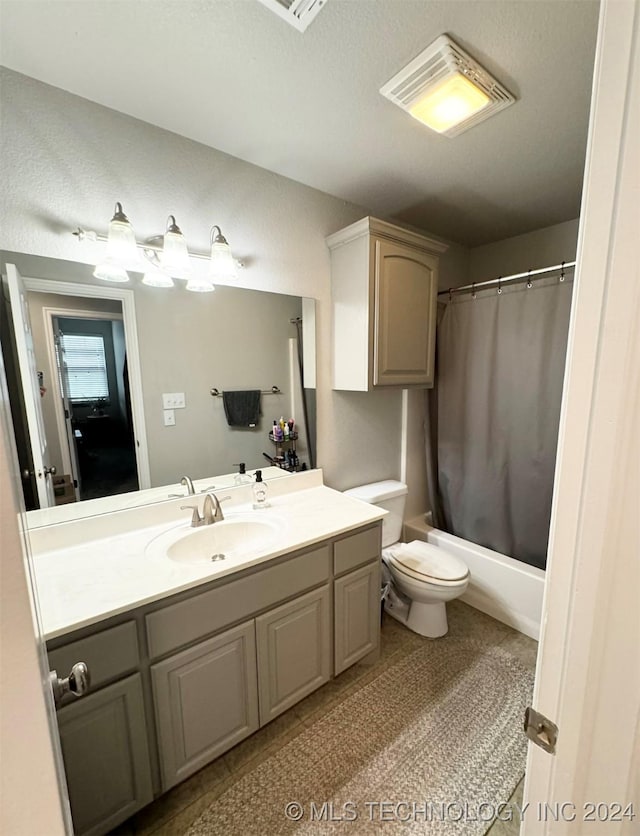 bathroom with visible vents, shower / bathtub combination with curtain, toilet, vanity, and tile patterned floors