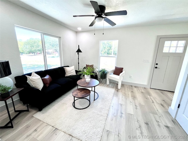 living room featuring ceiling fan and light hardwood / wood-style floors