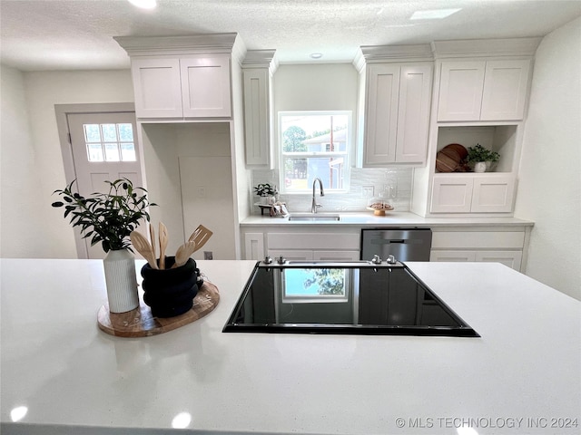 kitchen featuring a wealth of natural light, dishwasher, sink, and white cabinetry