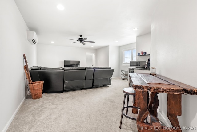 living room featuring ceiling fan, light colored carpet, and a wall mounted air conditioner