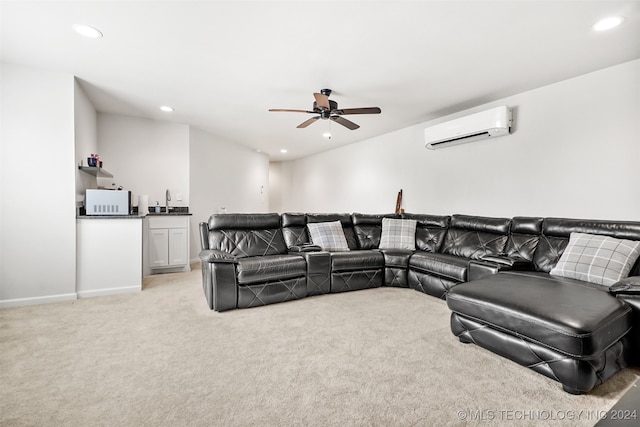 carpeted living room with ceiling fan and a wall mounted air conditioner