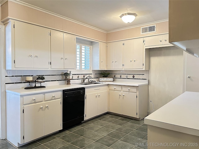 kitchen featuring backsplash, dishwasher, sink, ornamental molding, and white cabinets