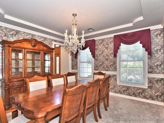 13706 S 18th St, Bixby, OK 74008 - dining room featuring ornamental molding, carpet flooring, an inviting chandelier, and a tray ceiling