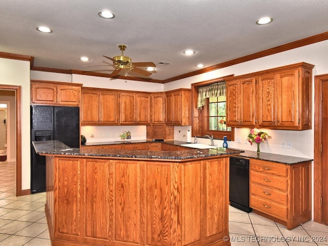 kitchen with black appliances, light tile patterned floors, a kitchen island, and ceiling fan