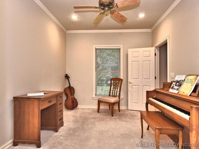 living area featuring ceiling fan, ornamental molding, and light colored carpet