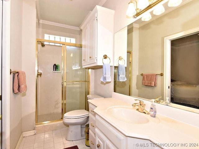 bathroom featuring a shower with door, toilet, vanity, tile patterned flooring, and ornamental molding