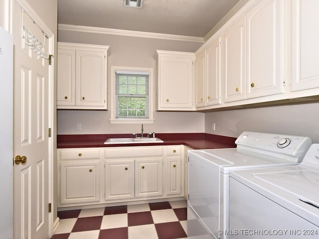 13706 S 18th St, Bixby, OK 74008 - clothes washing area featuring sink, crown molding, cabinets, and washing machine and clothes dryer