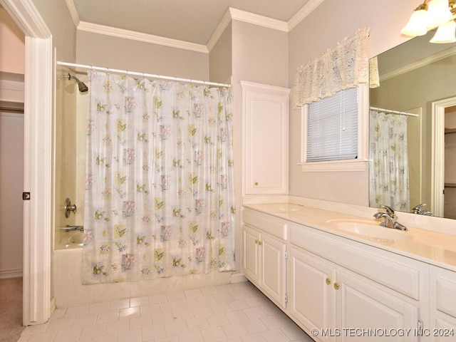 bathroom with ornamental molding, shower / tub combo with curtain, vanity, and tile patterned flooring