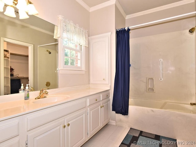 bathroom featuring vanity, shower / bathtub combination with curtain, ornamental molding, and tile patterned flooring