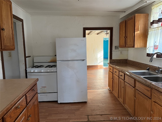 kitchen featuring hardwood / wood-style floors, sink, and white appliances