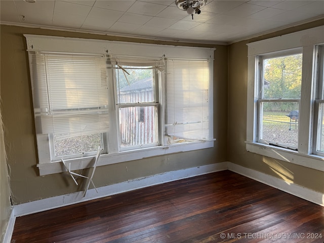 spare room with ornamental molding and dark hardwood / wood-style floors