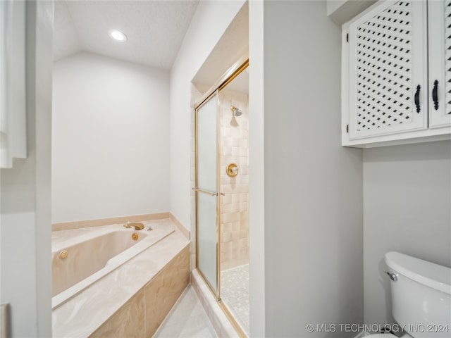 bathroom featuring toilet and shower with separate bathtub