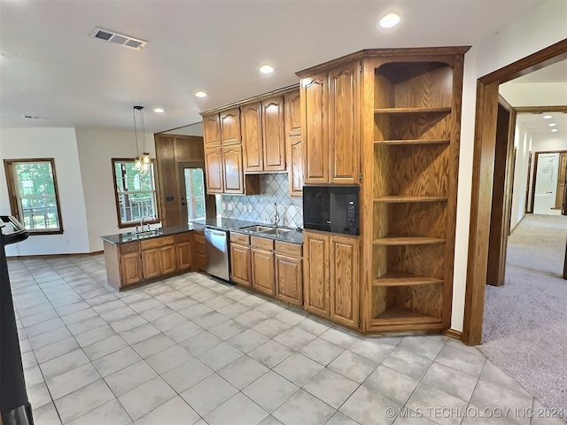 kitchen with decorative backsplash, stainless steel dishwasher, decorative light fixtures, sink, and light colored carpet