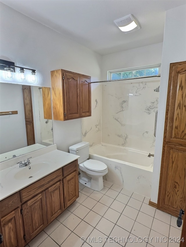 full bathroom featuring vanity, bathtub / shower combination, toilet, and tile patterned flooring