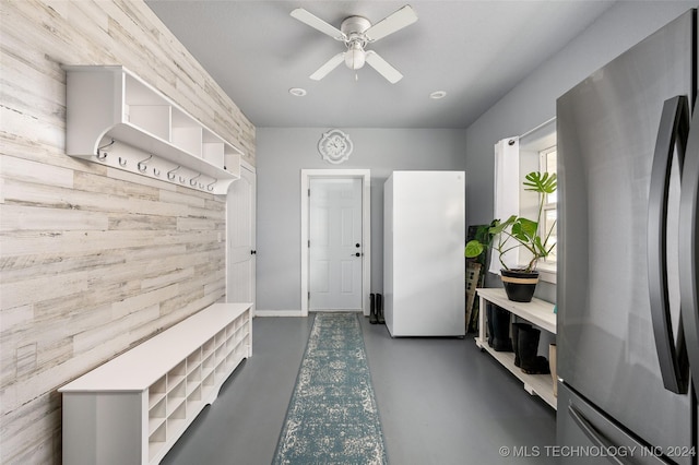 mudroom featuring ceiling fan