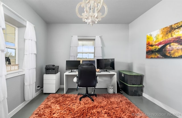 office with an inviting chandelier