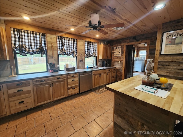 kitchen with brown cabinetry, wood ceiling, a healthy amount of sunlight, and stainless steel dishwasher