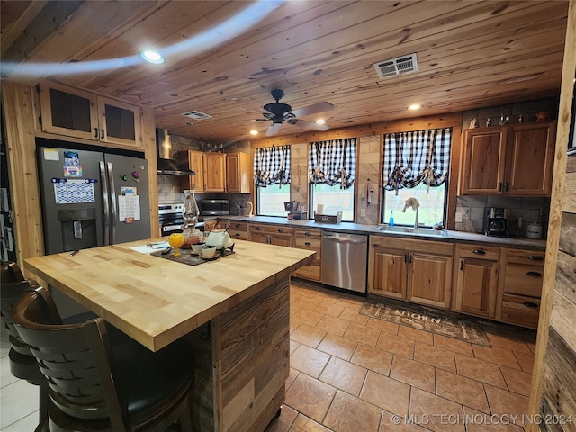 kitchen featuring visible vents, appliances with stainless steel finishes, wood ceiling, a sink, and wall chimney range hood