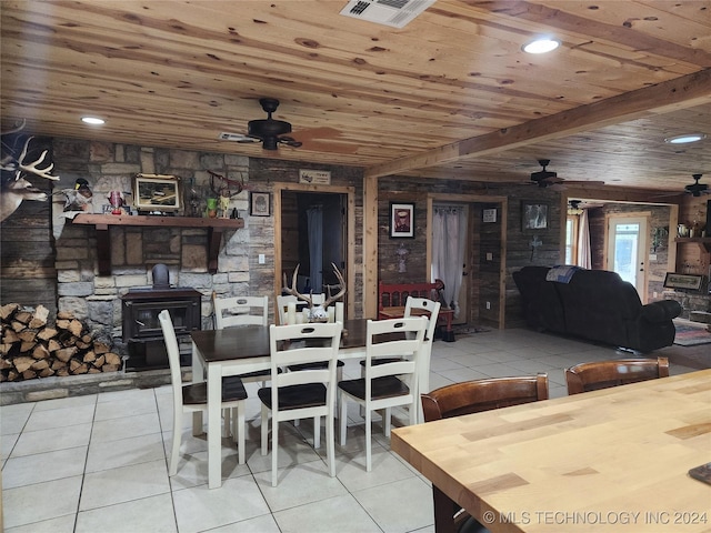 dining area with visible vents, wooden ceiling, a wood stove, and a ceiling fan