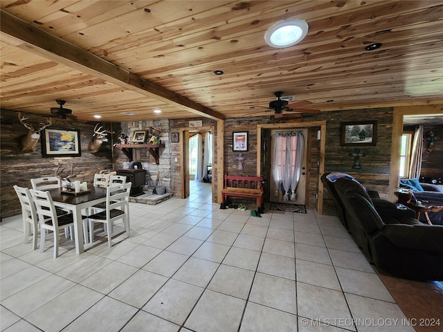 unfurnished dining area featuring wooden ceiling, ceiling fan, and light tile patterned floors