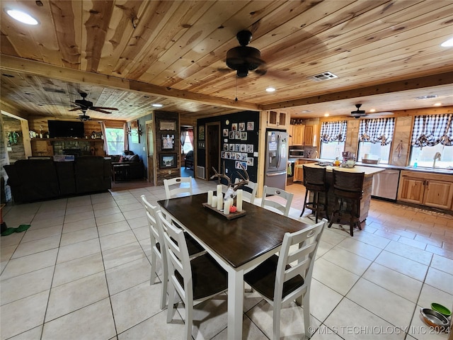 dining space with light tile patterned floors, recessed lighting, visible vents, a ceiling fan, and wooden ceiling