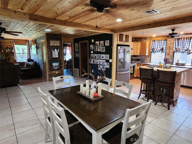 dining area with visible vents, light tile patterned flooring, wooden ceiling, and a ceiling fan