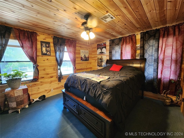 bedroom featuring wooden ceiling, wooden walls, and visible vents