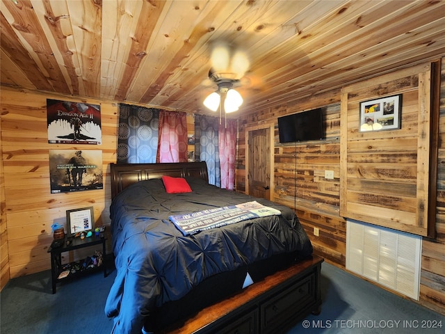 bedroom featuring carpet floors, wooden ceiling, visible vents, and wood walls