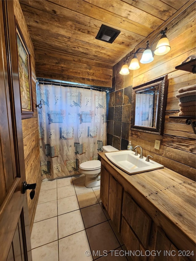 full bath featuring tile patterned flooring, toilet, visible vents, vanity, and wood ceiling