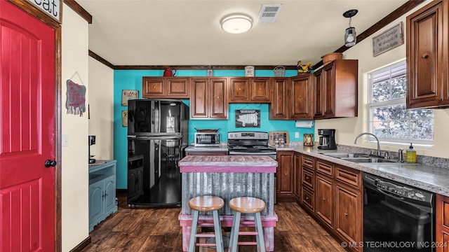 kitchen with black appliances, crown molding, dark hardwood / wood-style flooring, and sink